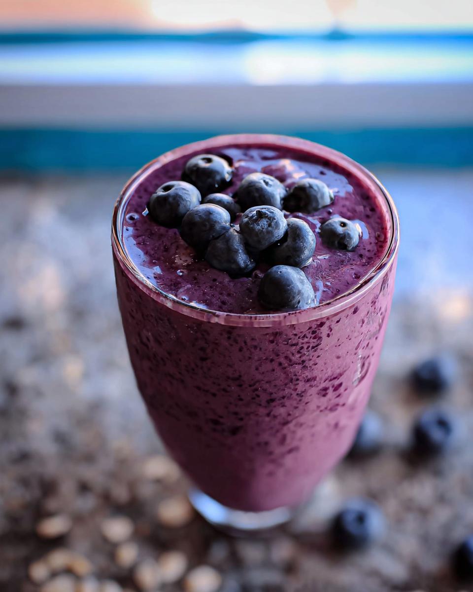 A thick, purple Blueberry Oat Breakfast Smoothie in a glass, topped with fresh blueberries.