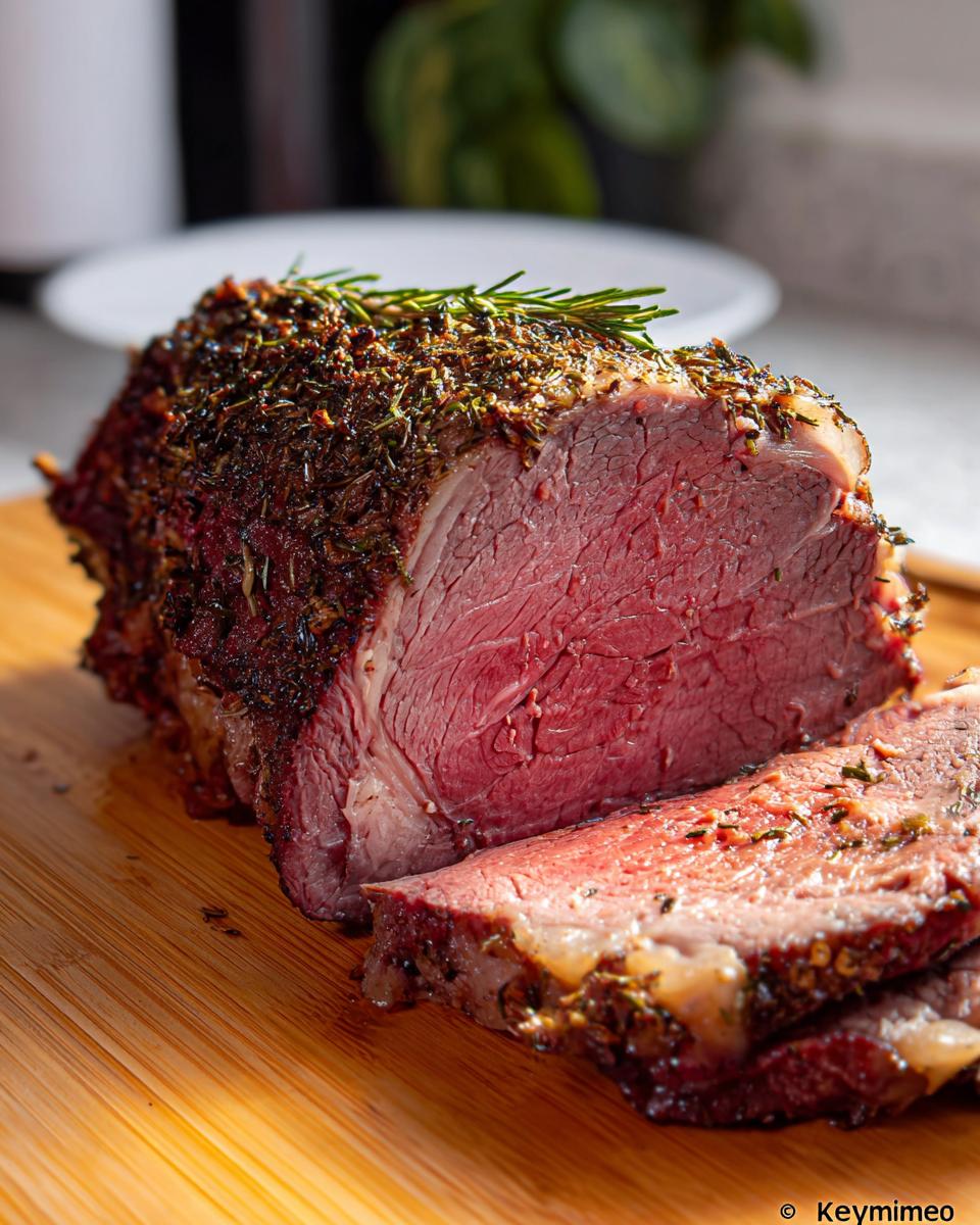 A beautifully cooked Boneless Prime Rib, sliced to show a medium-rare center and covered in a dark herb crust.