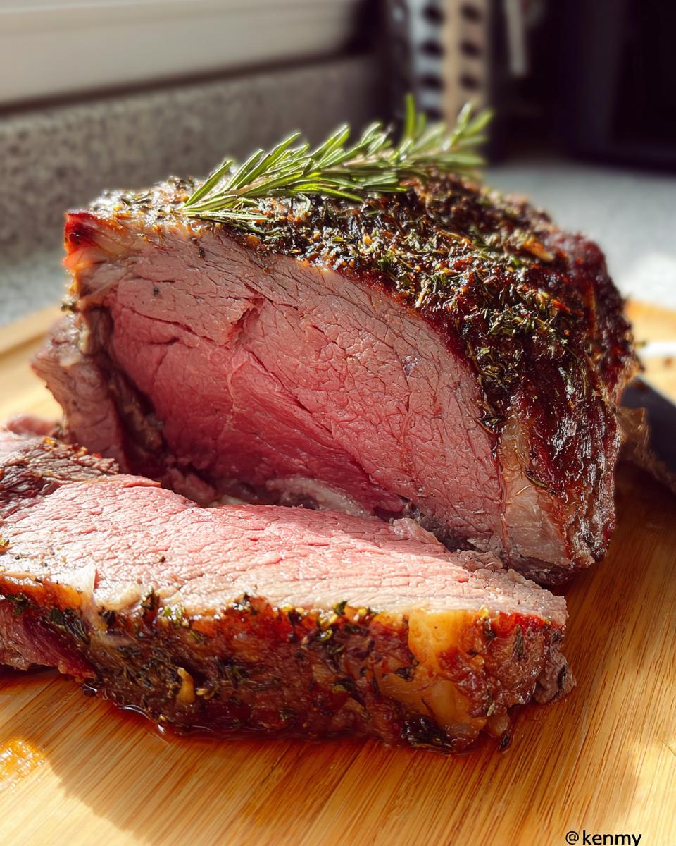 A thick slice cut from a roasted Boneless Prime Rib, showing a medium-rare center and herb crust.