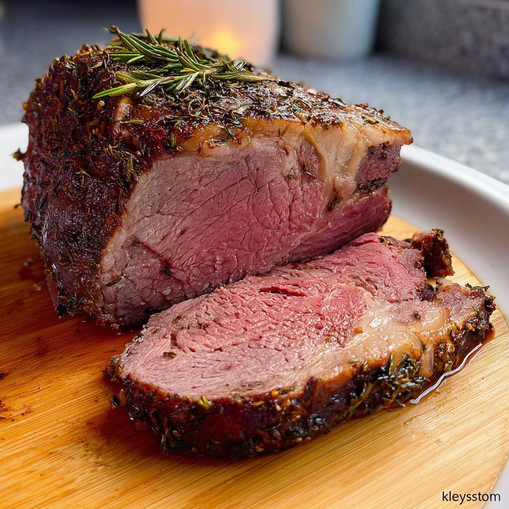 A thick slice cut from a roasted Boneless Prime Rib, showing a perfect medium-rare center and herb crust.
