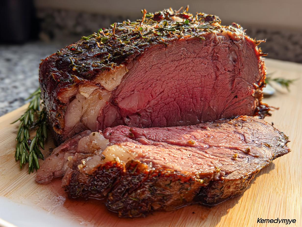 A juicy, medium-rare Boneless Prime Rib roast, crusted with herbs, partially sliced on a wooden cutting board.