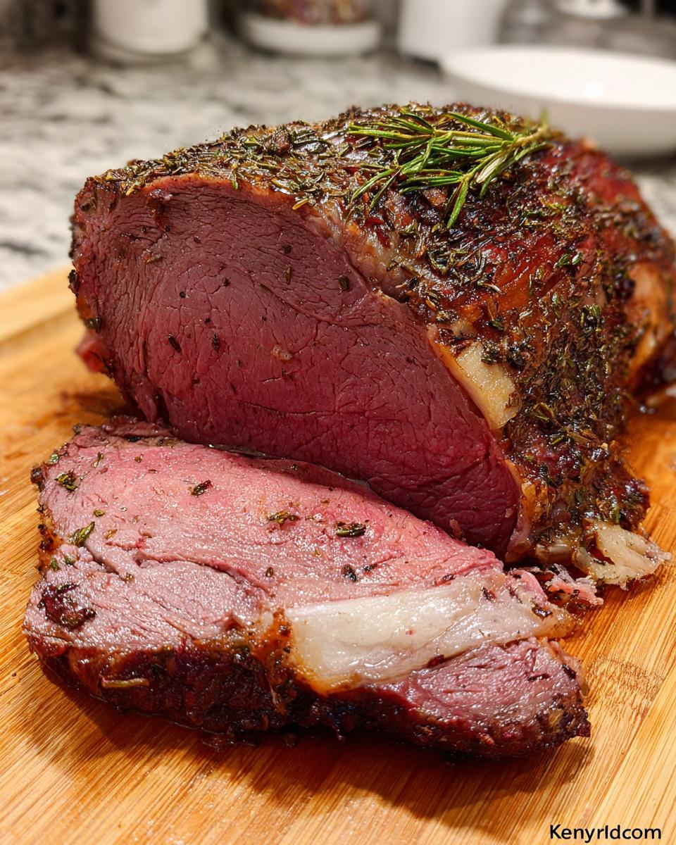 A thick, herb-crusted Boneless Prime Rib, sliced to show a perfect medium-rare interior.