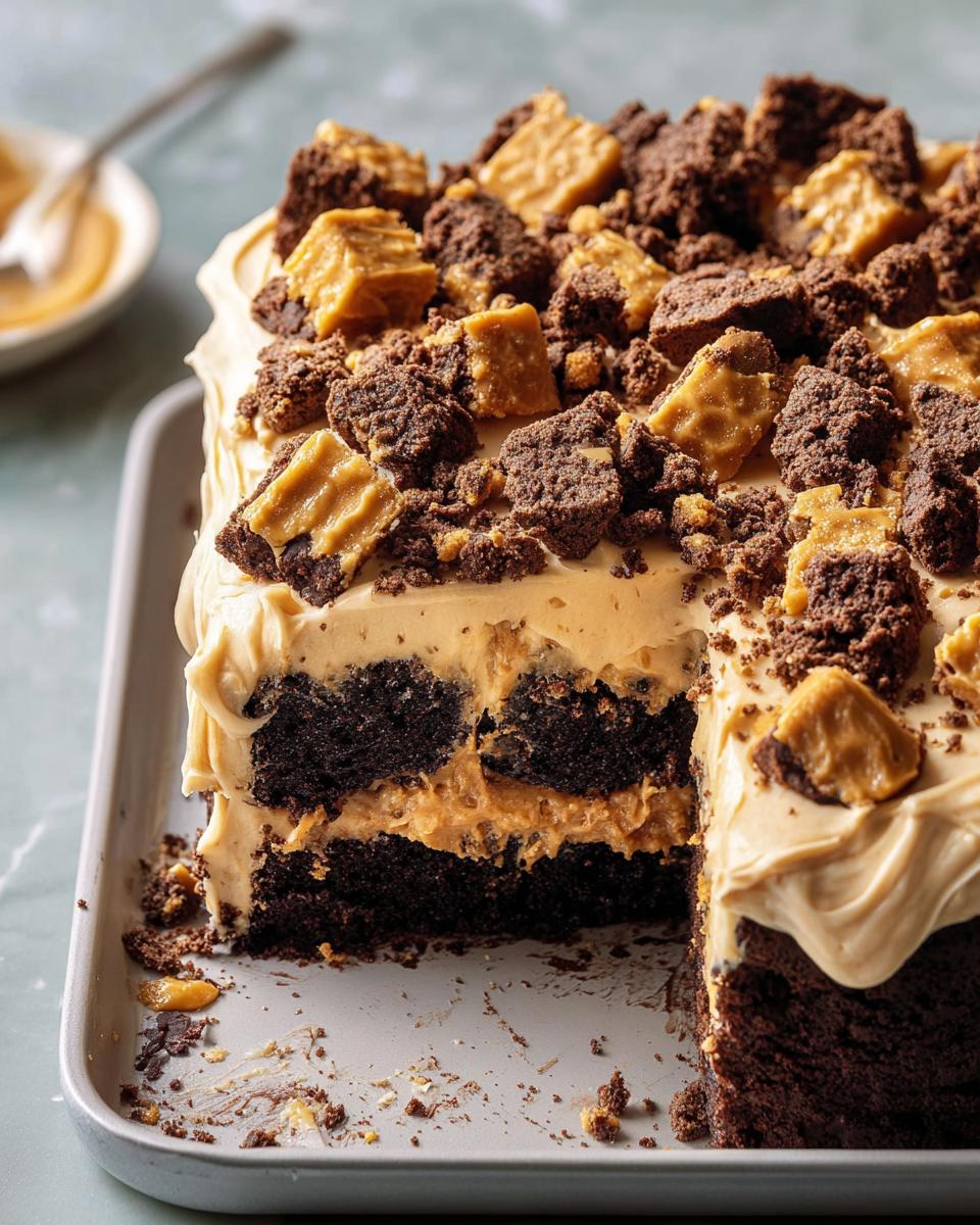 A rich chocolate cake with peanut butter frosting, topped with brownie crumbles and peanut butter cups, showing a slice removed.