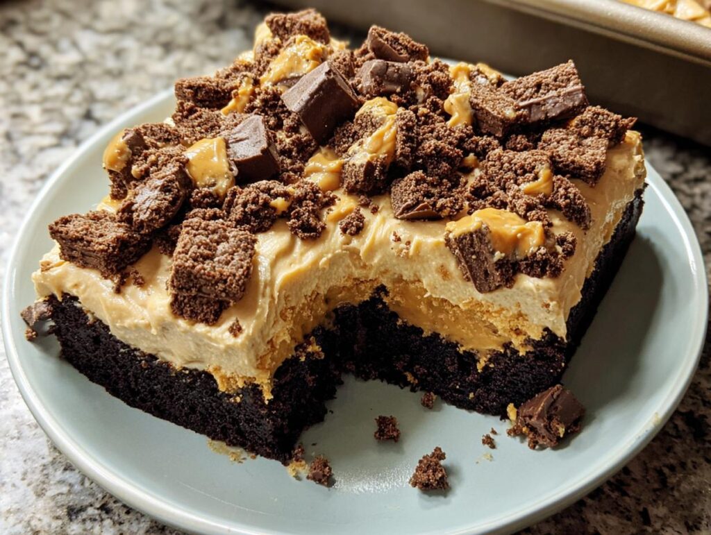 A slice of decadent brownie with thick peanut butter frosting and chocolate candy toppings, an example of a Box Mix Glow-Up.