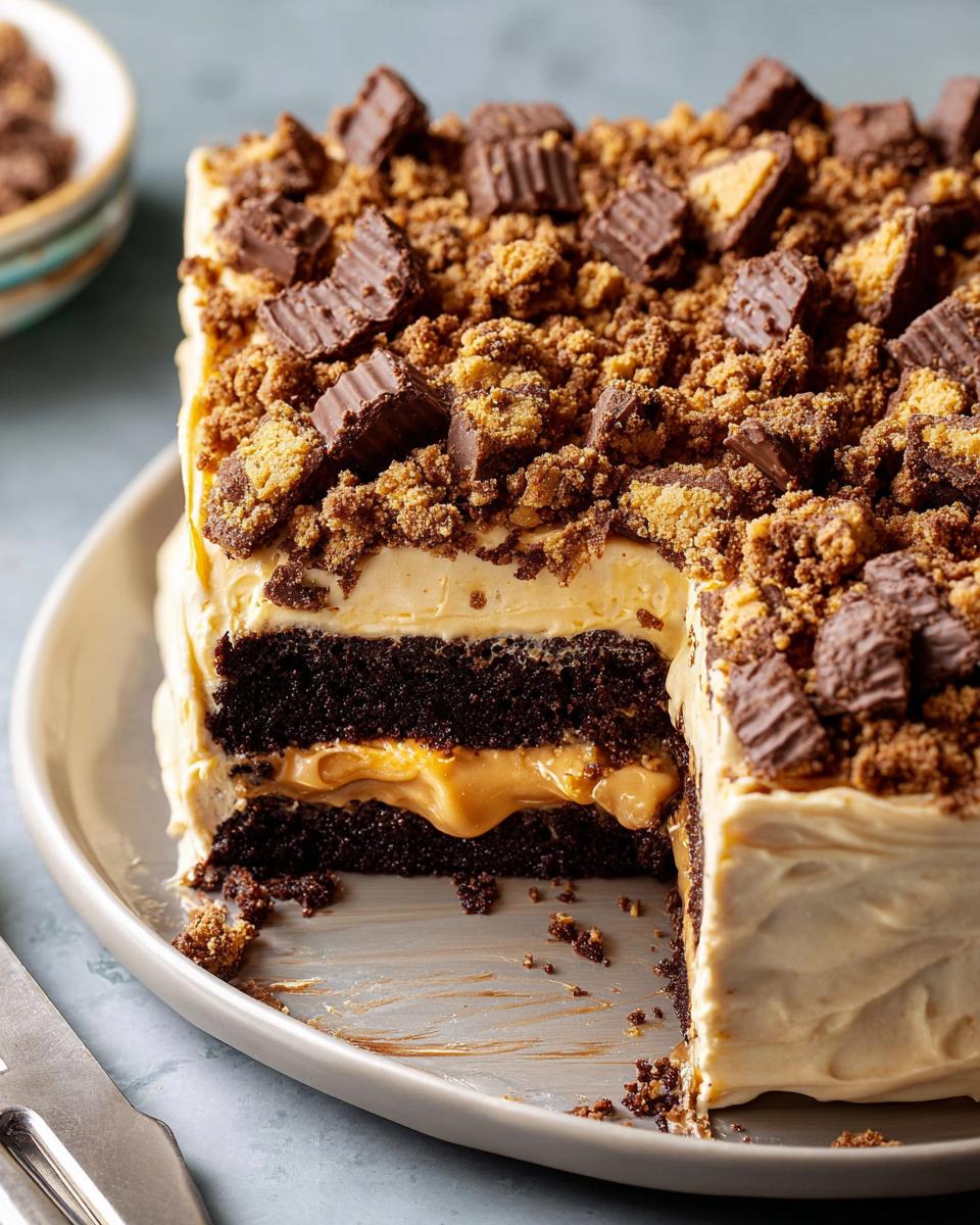 A slice cut from a rich chocolate cake with peanut butter frosting, caramel filling, and topped with peanut butter cup crumbles for a Box Mix Glow-Up.
