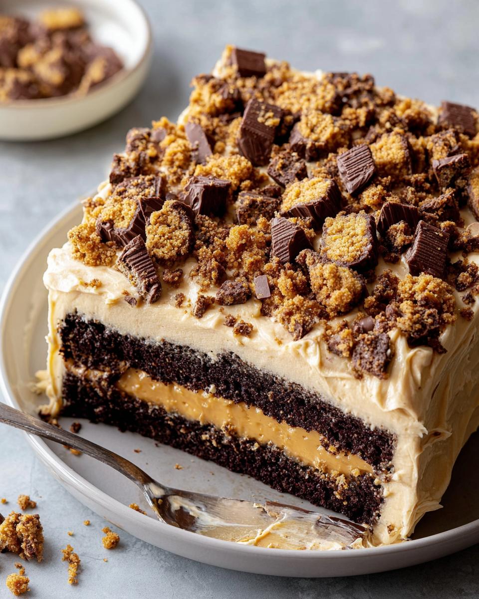 Slice of rich chocolate cake with peanut butter filling, frosted, and topped with peanut butter cup crumbles for a Box Mix Glow-Up.