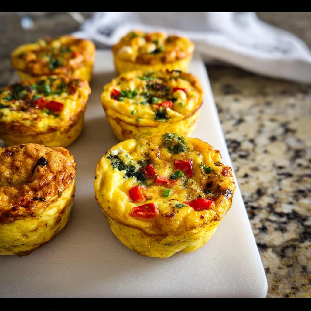 Six freshly baked Breakfast Meal Prep Egg Cups topped with colorful diced peppers and chives.