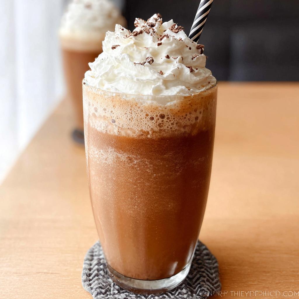 A tall glass filled with a blended Mocha Frappuccino, topped with whipped cream and chocolate shavings.