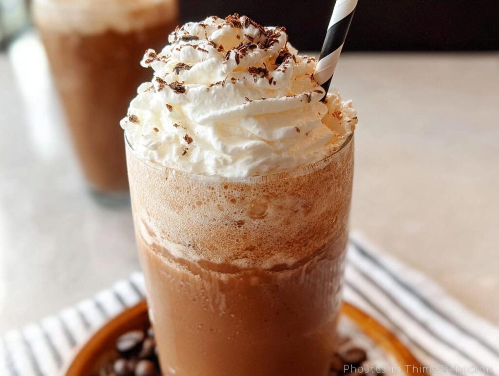 Close-up of a tall glass filled with a blended Mocha Frappuccino topped with whipped cream and chocolate shavings.