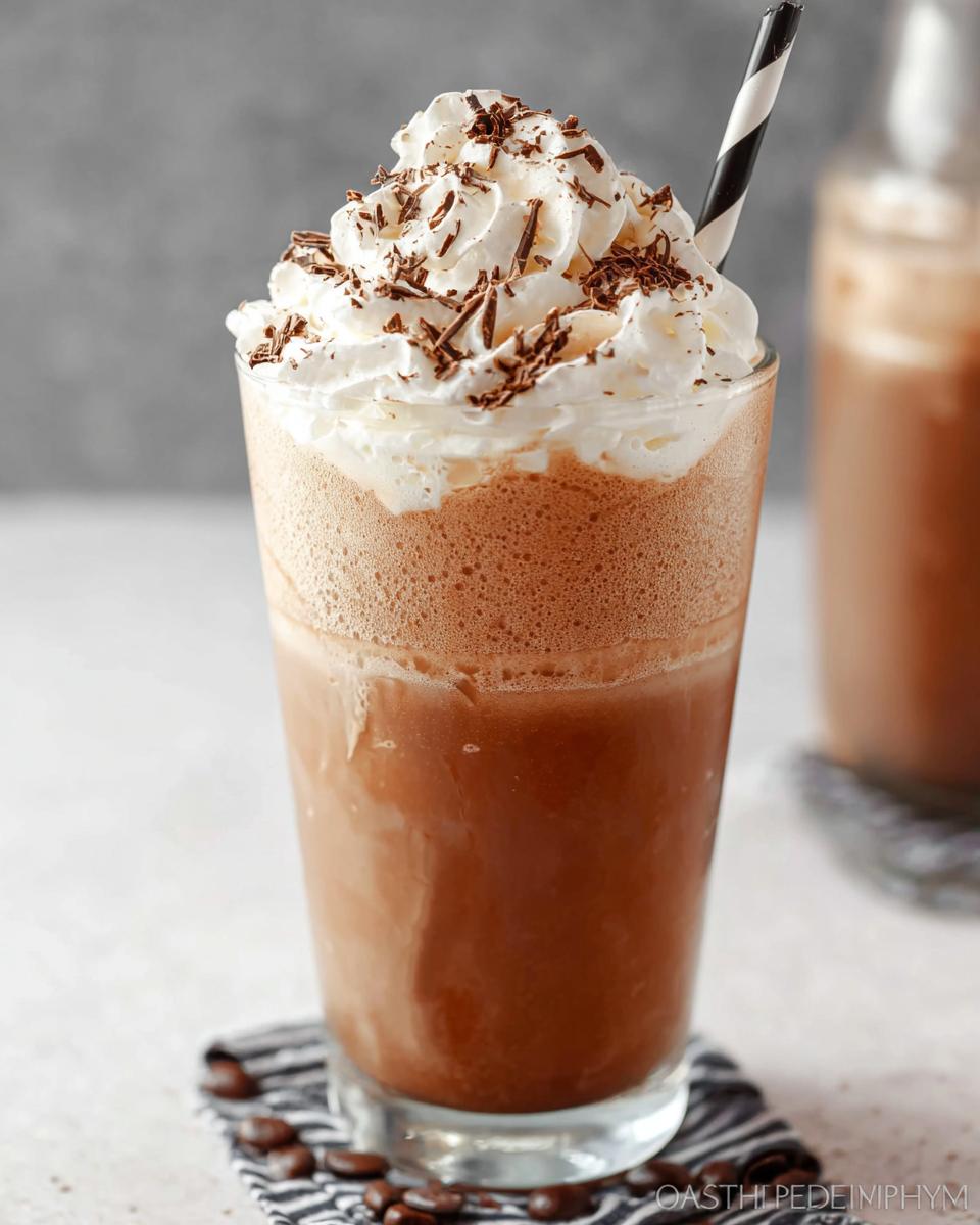A tall glass filled with a blended Mocha Frappuccino topped high with whipped cream and chocolate shavings.