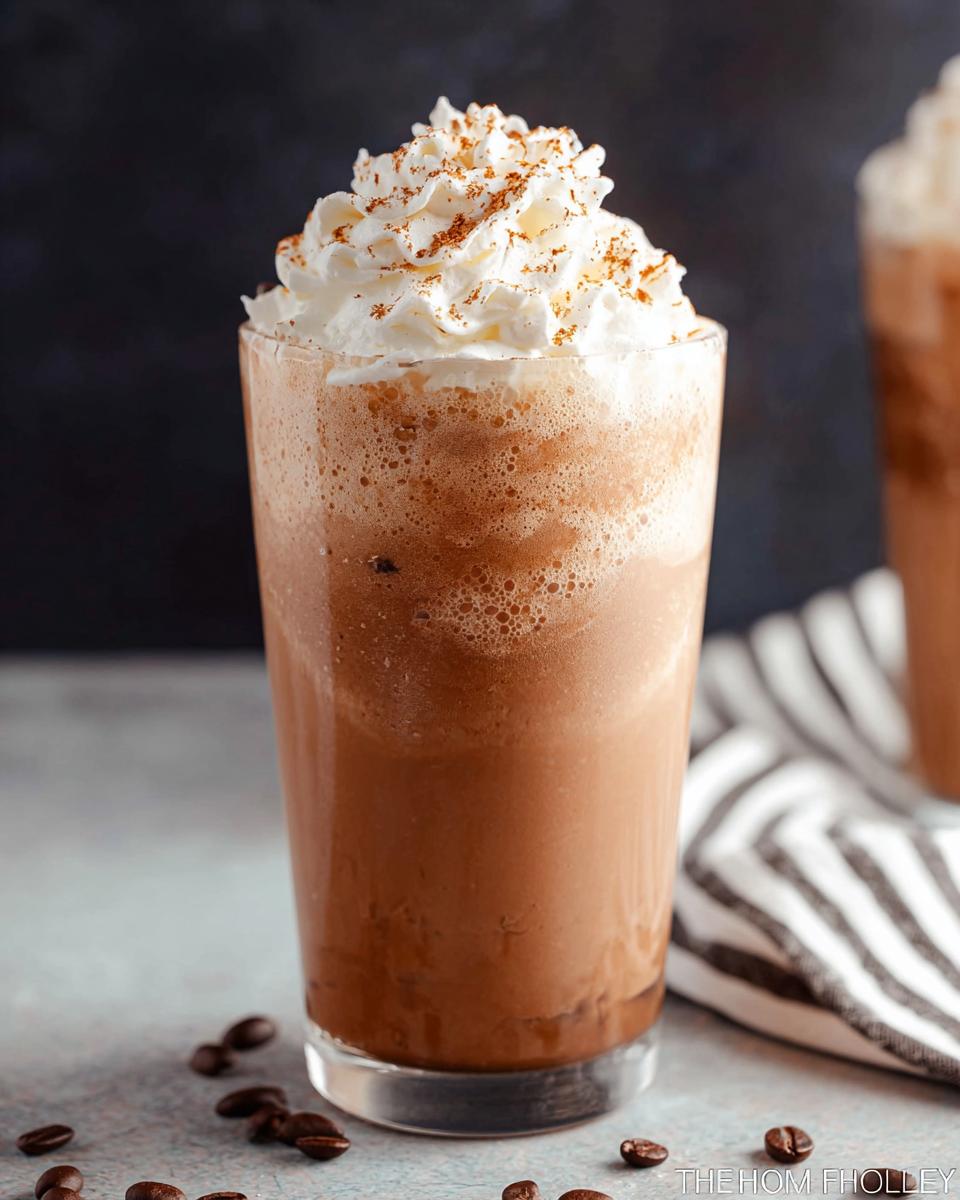 A tall glass filled with a blended, icy Mocha Frappuccino, topped high with whipped cream and a dusting of cinnamon or cocoa.