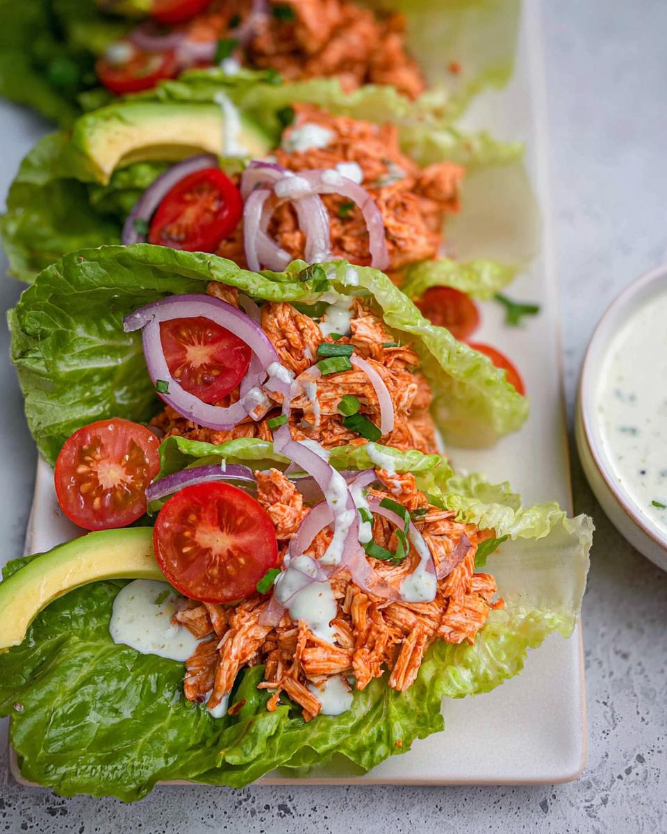 Close-up of Buffalo Chicken Lettuce Wraps filled with shredded chicken, topped with red onion, tomato, avocado, and a drizzle of ranch.