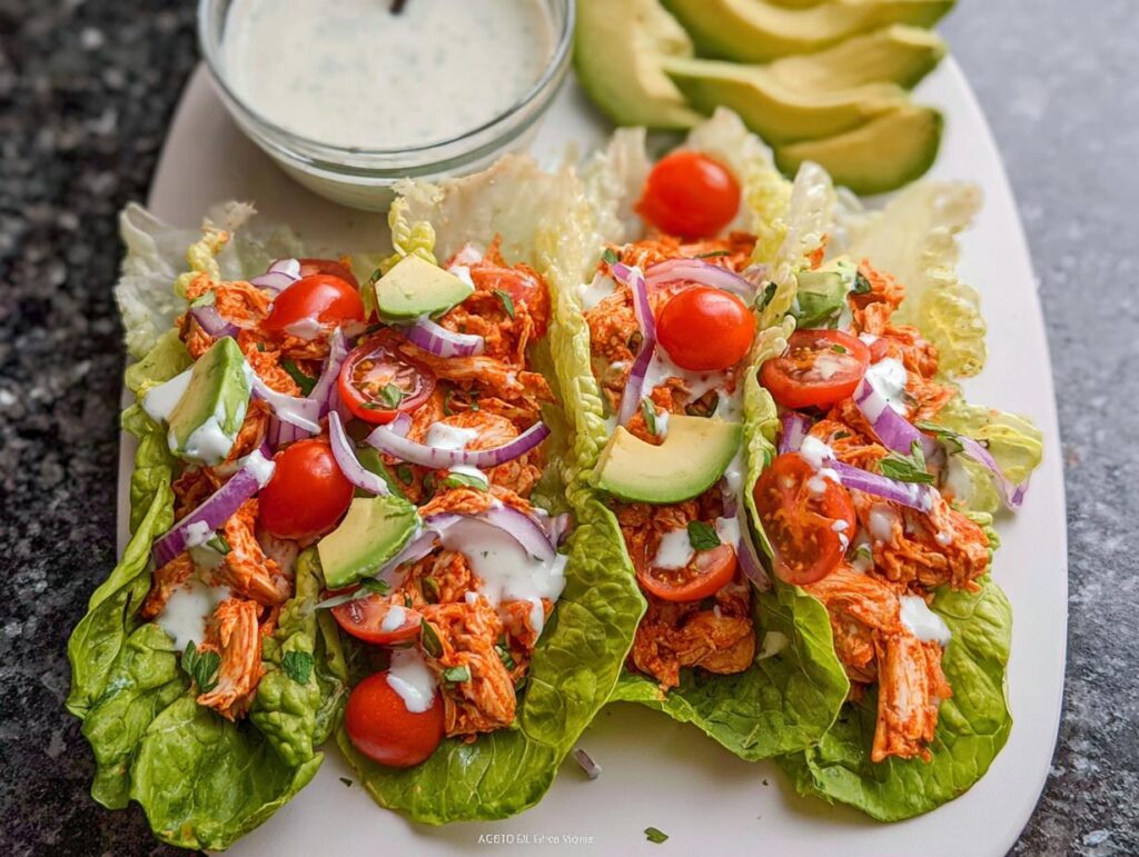 Close-up of Buffalo Chicken Lettuce Wraps filled with shredded chicken, avocado, tomatoes, and red onion, drizzled with ranch.