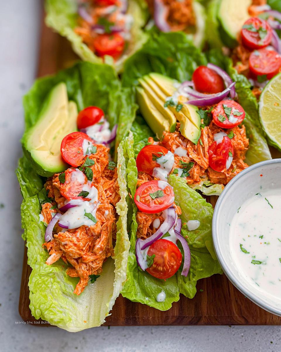 Close-up of Buffalo Chicken Lettuce Wraps topped with avocado, cherry tomatoes, red onion, and a drizzle of ranch.