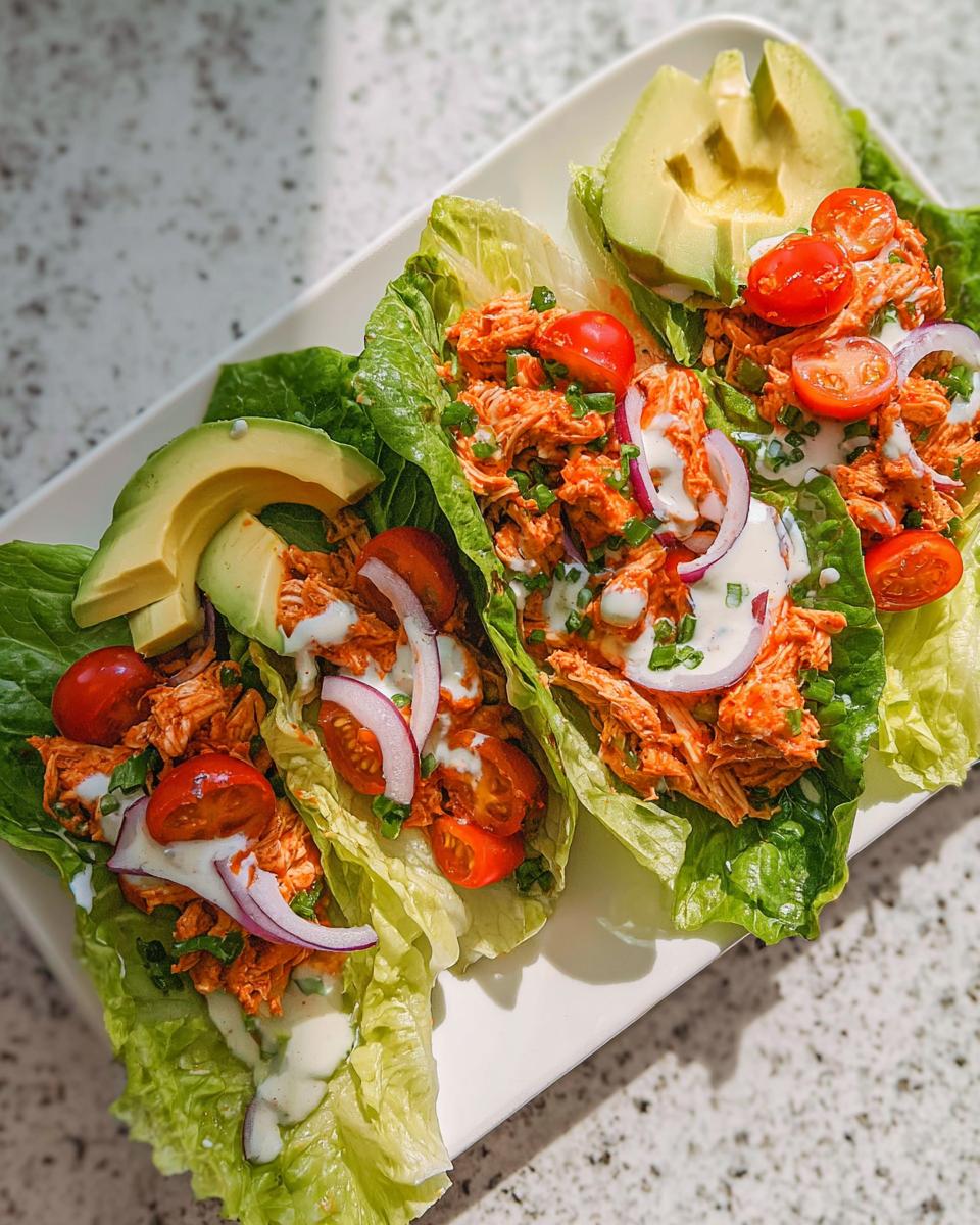 Three Buffalo Chicken Lettuce Wraps filled with shredded chicken, topped with avocado, tomatoes, red onion, and ranch dressing.