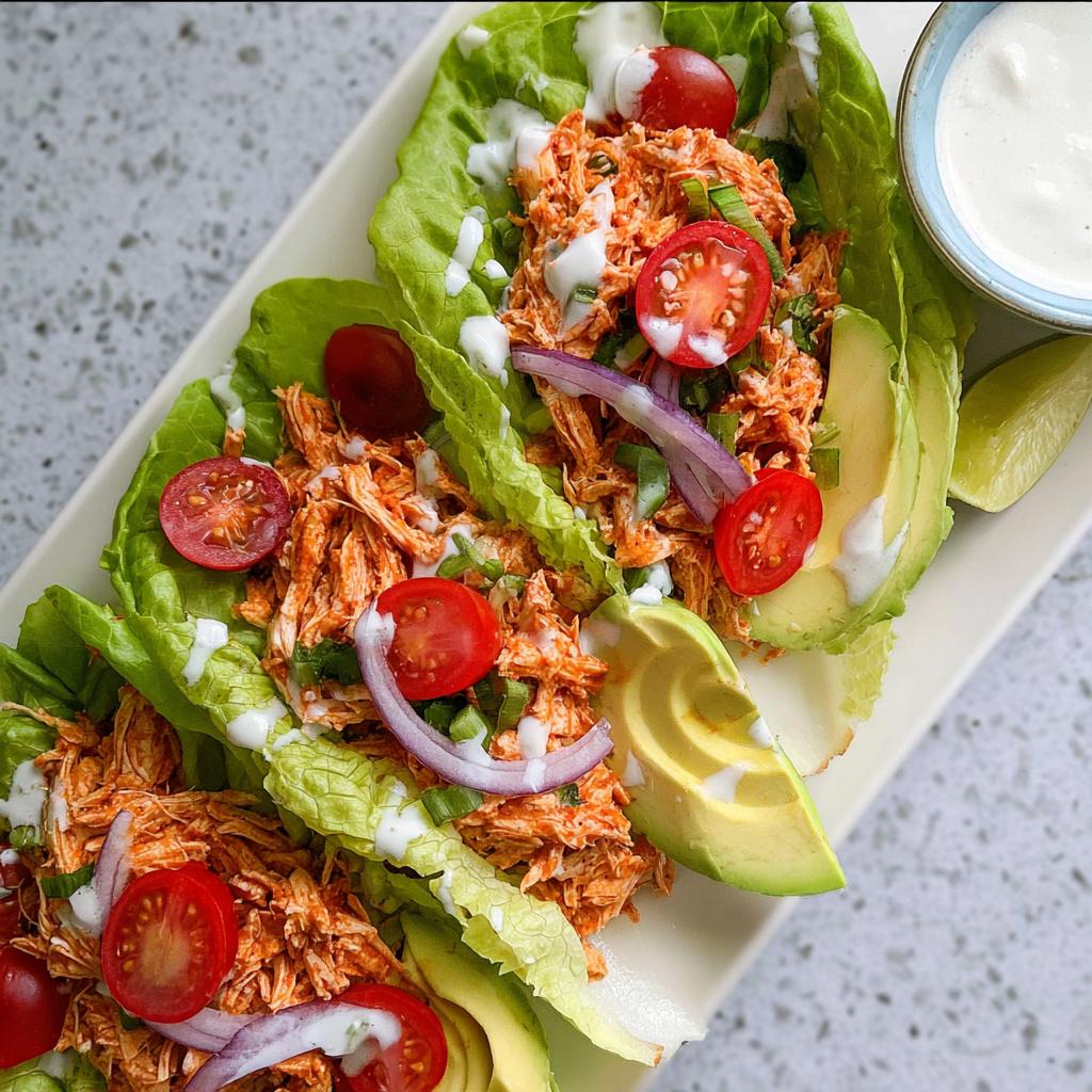 Close-up of Buffalo Chicken Lettuce Wraps filled with shredded chicken, avocado, tomatoes, and red onion, drizzled with ranch.