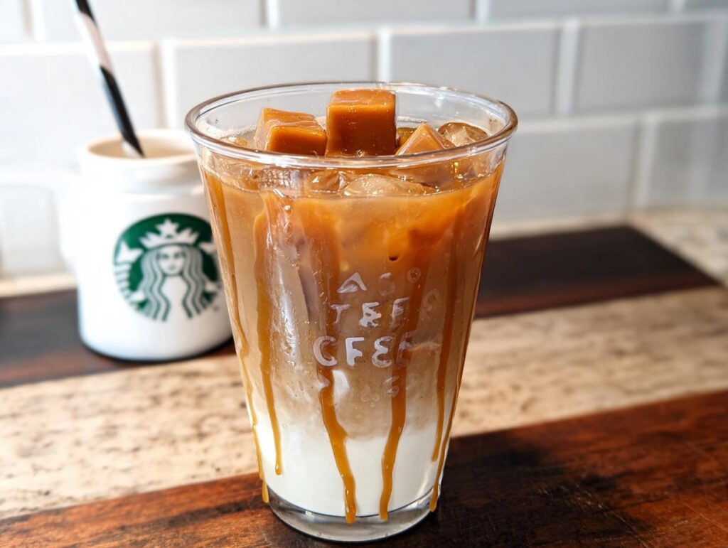 Close-up of a layered Café-Style Iced Caramel Macchiato with caramel sauce dripping down the glass and caramel cubes on top.