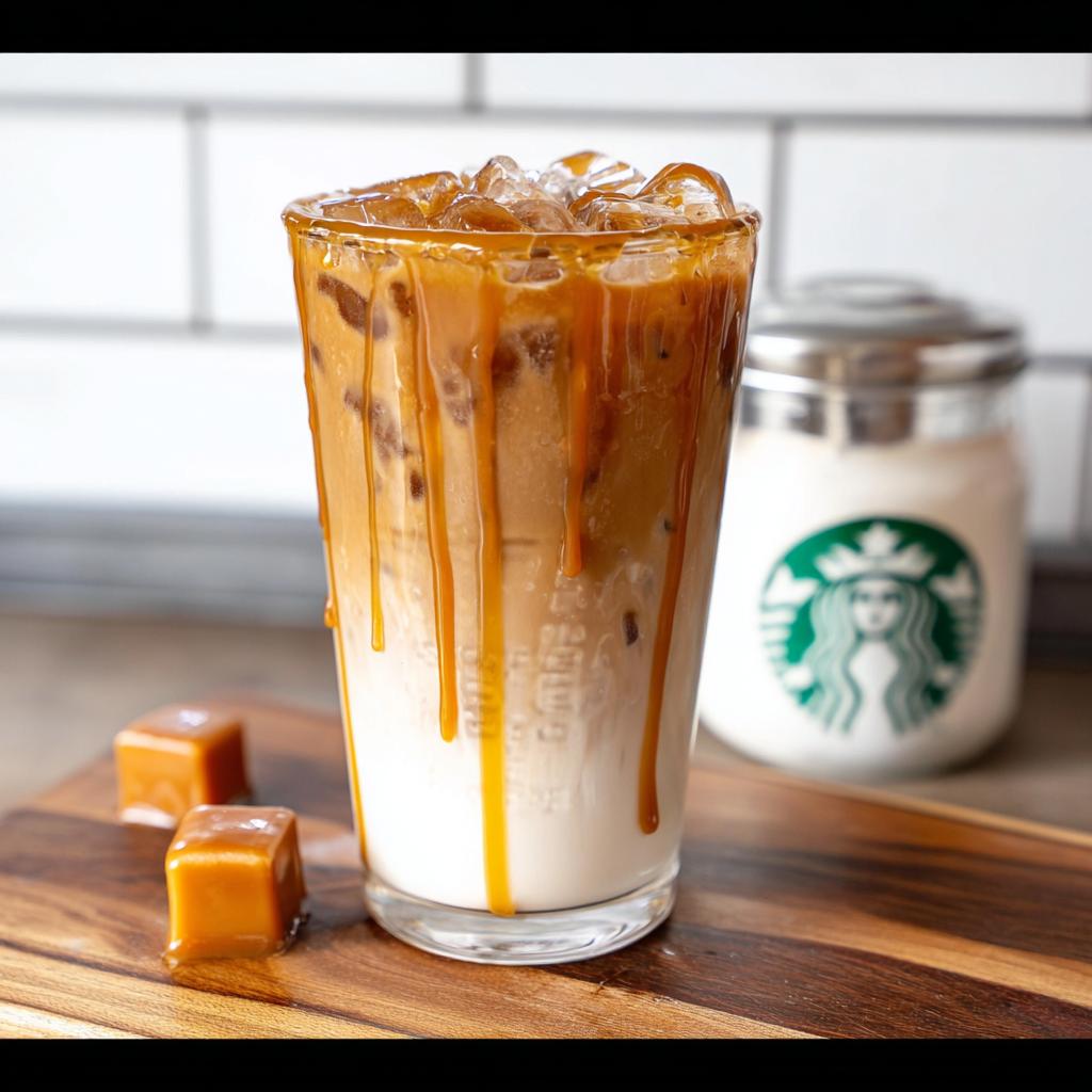 Tall glass filled with a layered Café-Style Iced Caramel Macchiato, topped with ice and dripping caramel sauce.