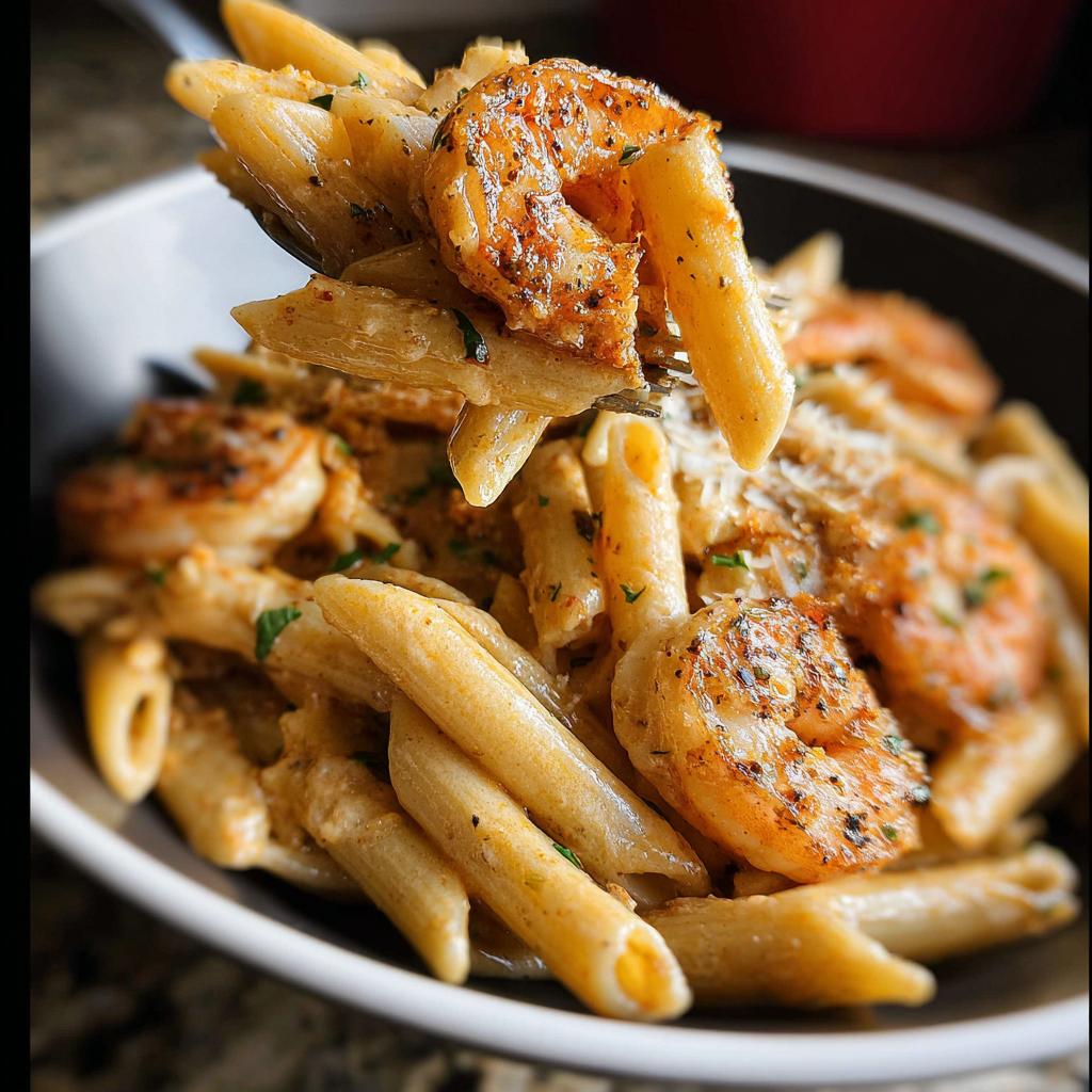A fork lifting penne pasta and a seasoned shrimp from a bowl of Cajun Shrimp Pasta Recipe.