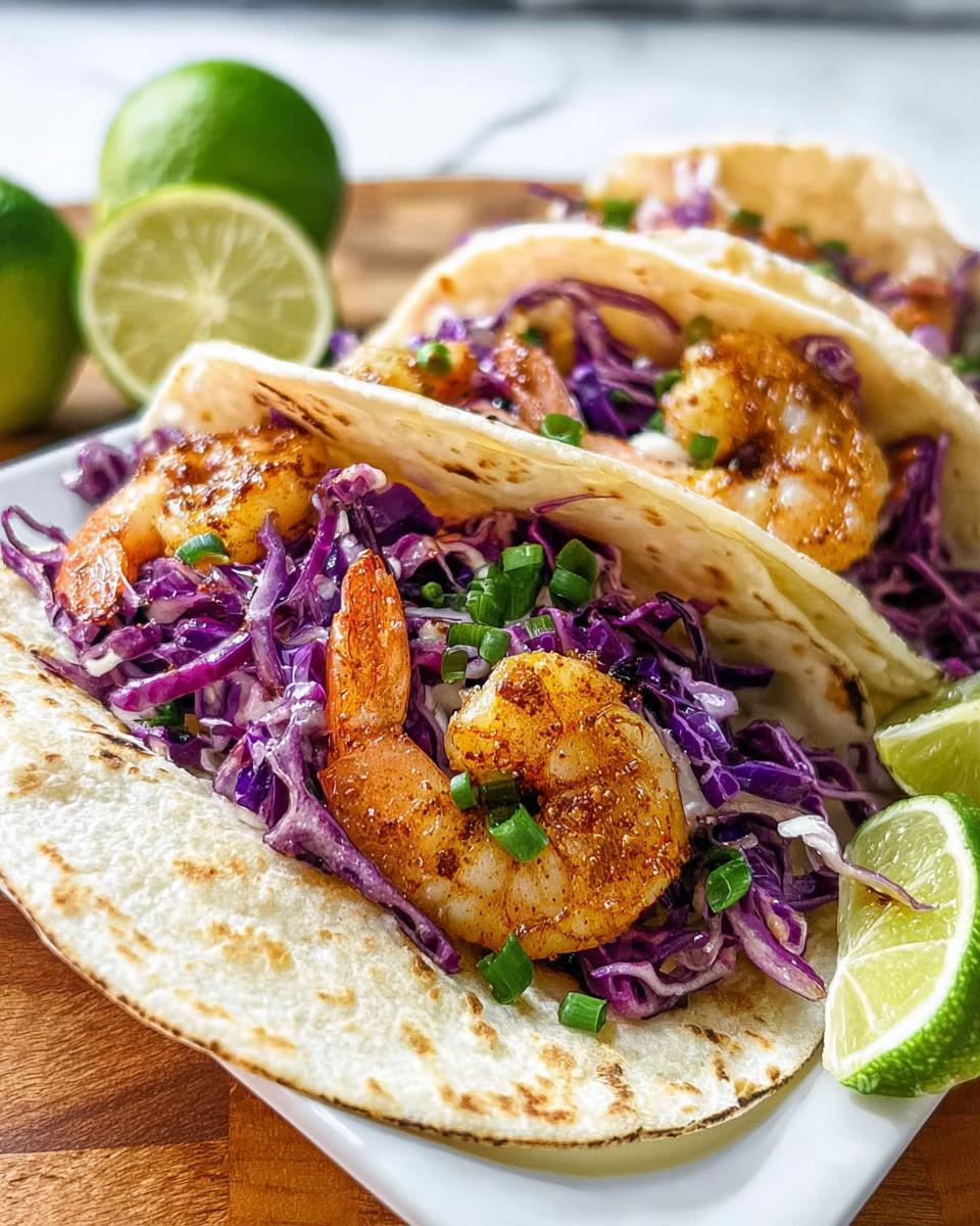 Three delicious Cajun Shrimp Tacos With Slaw, filled with seasoned shrimp and red cabbage slaw, garnished with lime wedges.