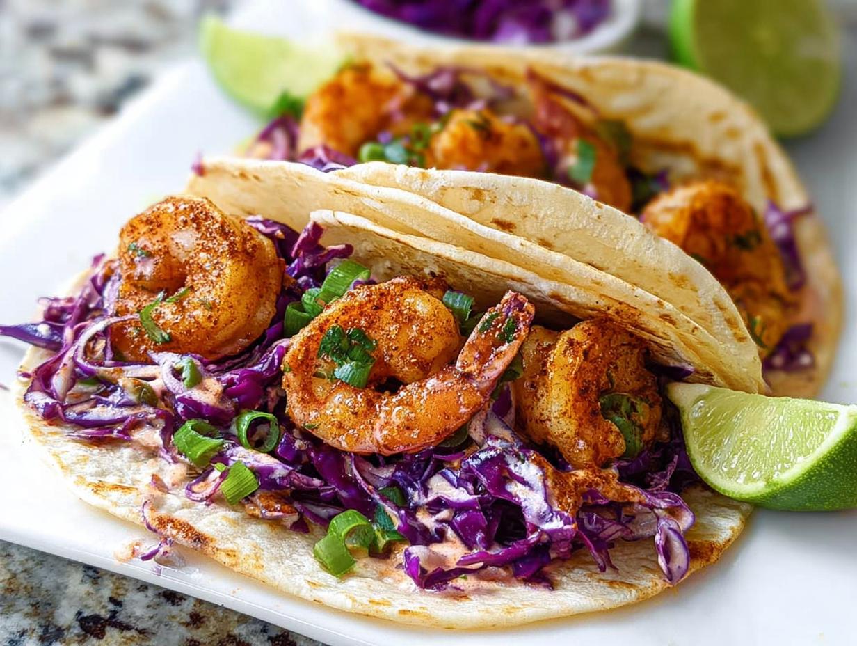 Close-up of two Cajun shrimp tacos with red cabbage slaw, topped with green onions and lime wedges.