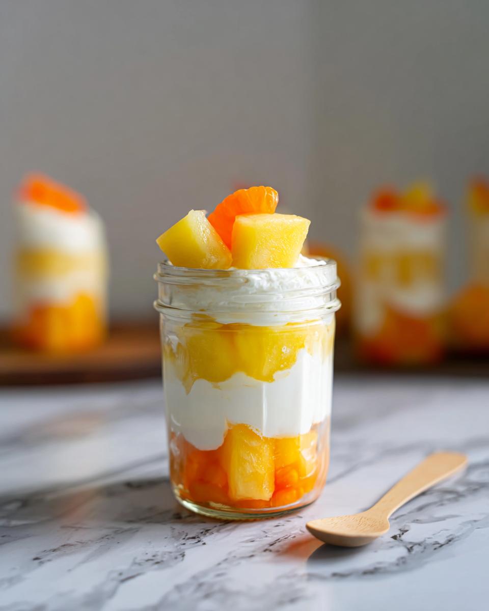 Close-up of a Candy Corn Fruit Parfait in a mason jar, layered with orange fruit, white cream, and topped with pineapple and orange slices.
