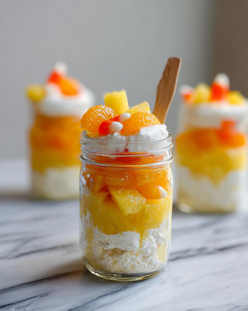 Close-up of a Candy Corn Fruit Parfait in a mason jar, showing layers of fruit, cream, and candy corn.