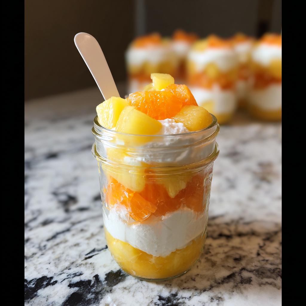Close-up of a Candy Corn Fruit Parfait in a mason jar, showing layers of fruit and cream.