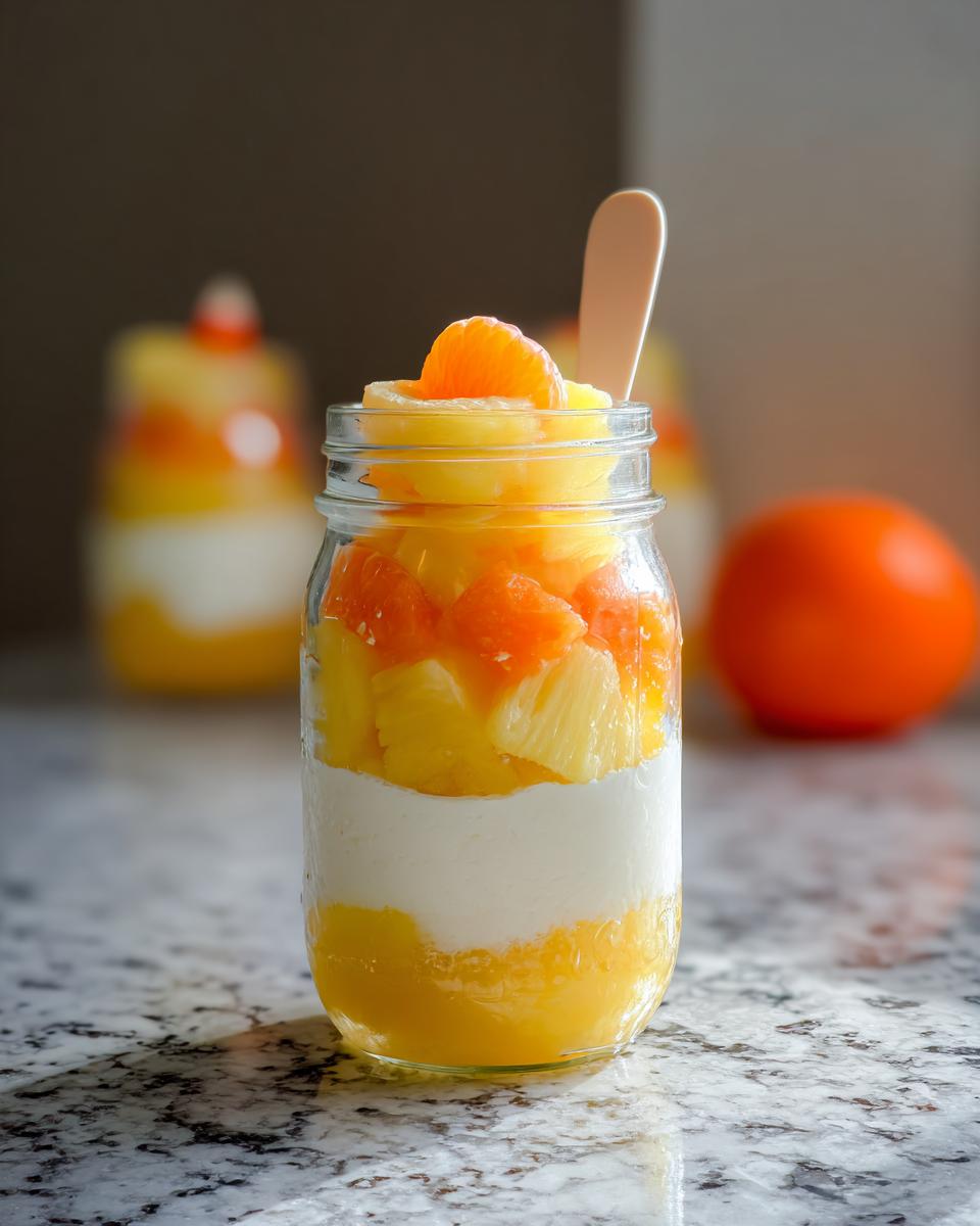 Close-up of a Candy Corn Fruit Parfait in a mason jar, layered with orange and pineapple fruit and a creamy white layer.