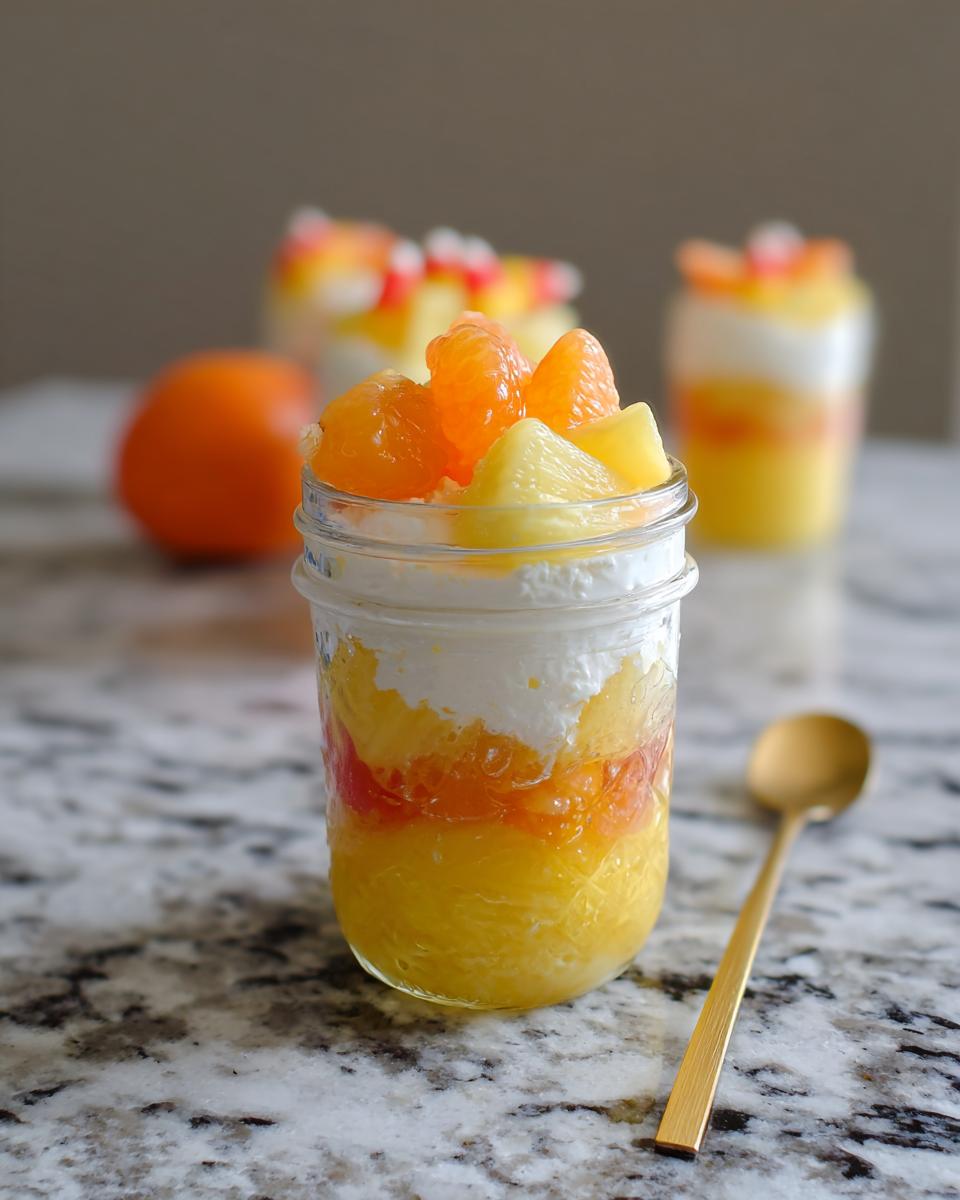 Close-up of a Candy Corn Fruit Parfait in a mason jar, layered with orange and pineapple fruit, cream, and topped with whipped cream.