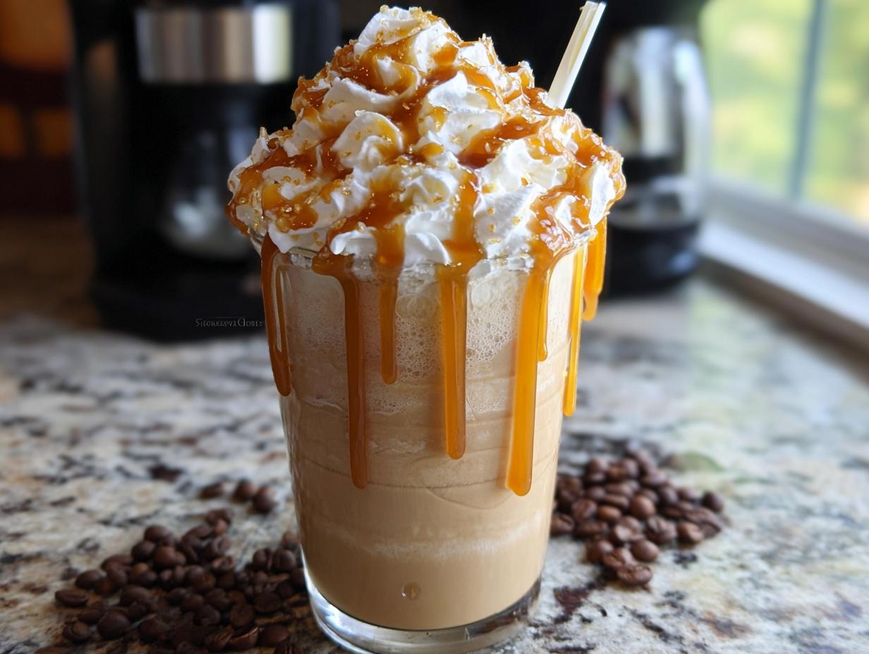 A tall glass filled with a blended Caramel Frappuccino (Copycat), topped high with whipped cream and drizzled caramel sauce.