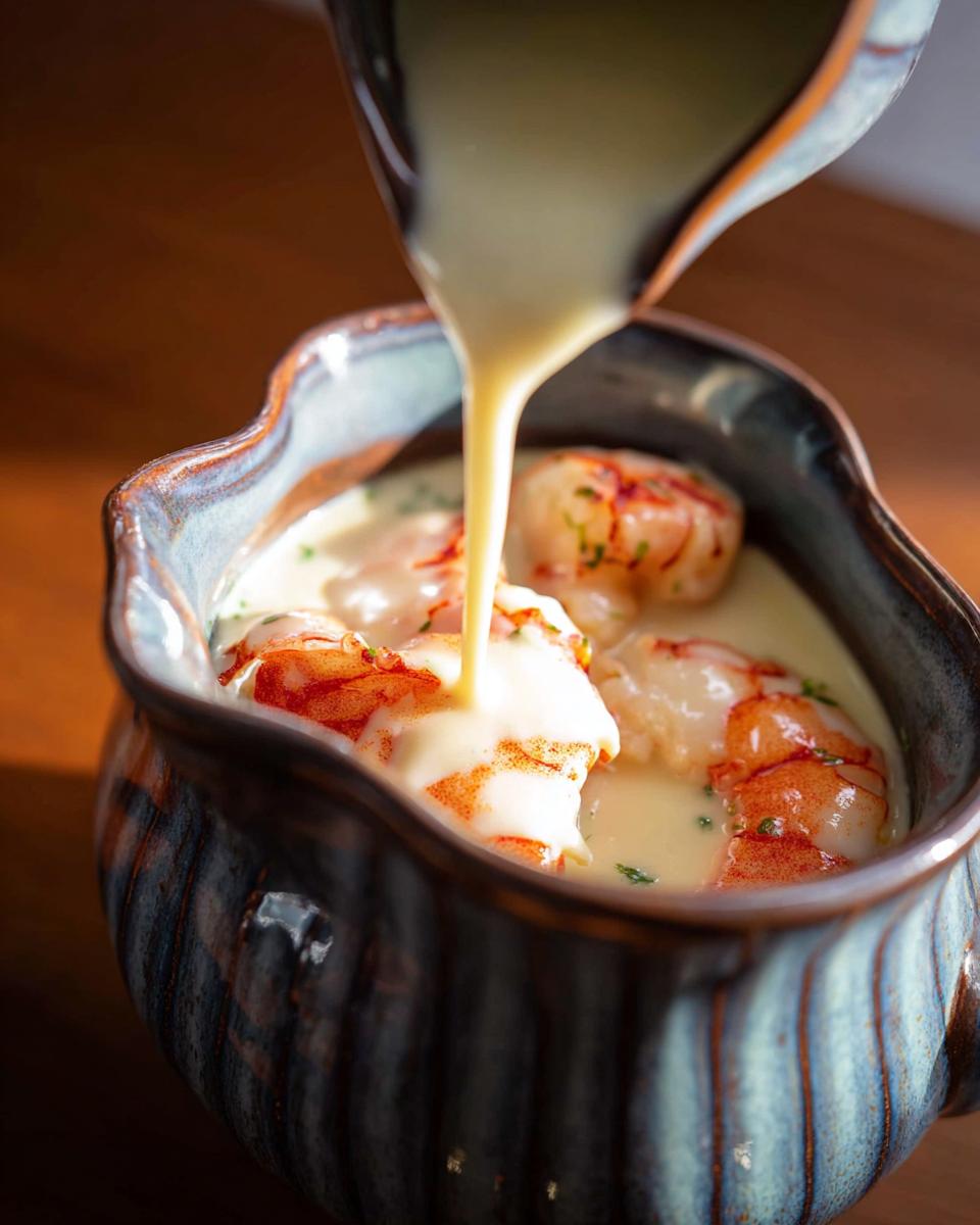 Pouring rich Champagne Cream Sauce for Seafood over cooked shrimp served in a rustic blue bowl.