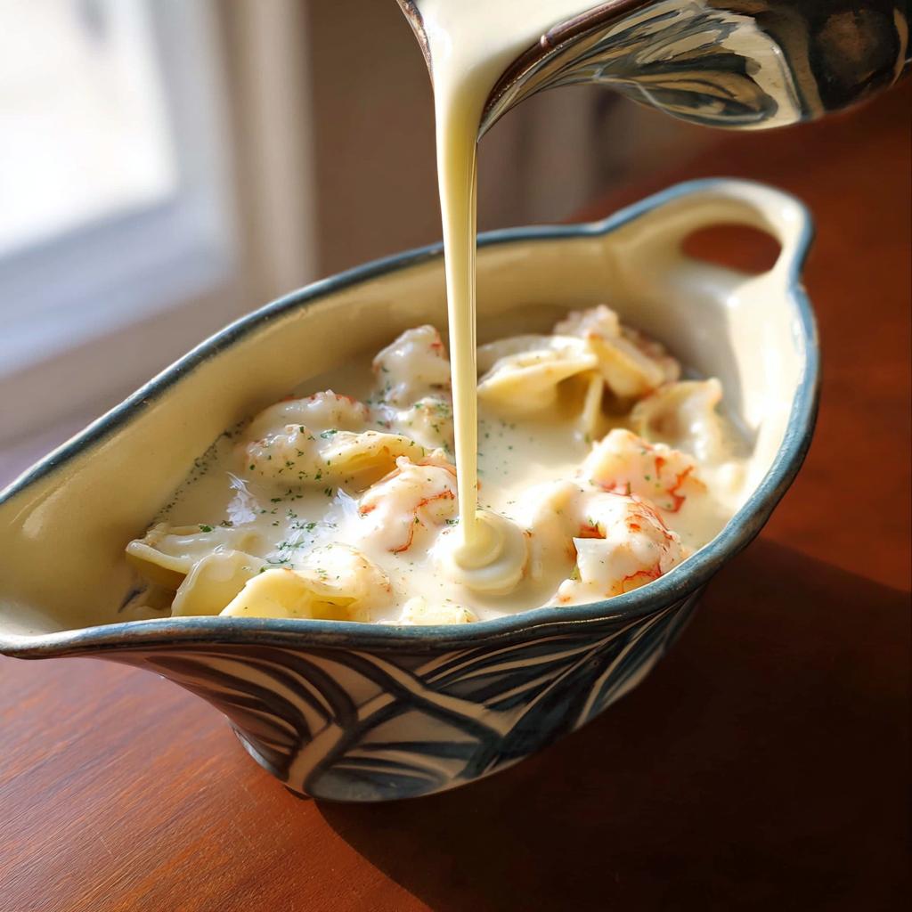 Pouring thick Champagne Cream Sauce for Seafood over pasta and shrimp in a decorative bowl.