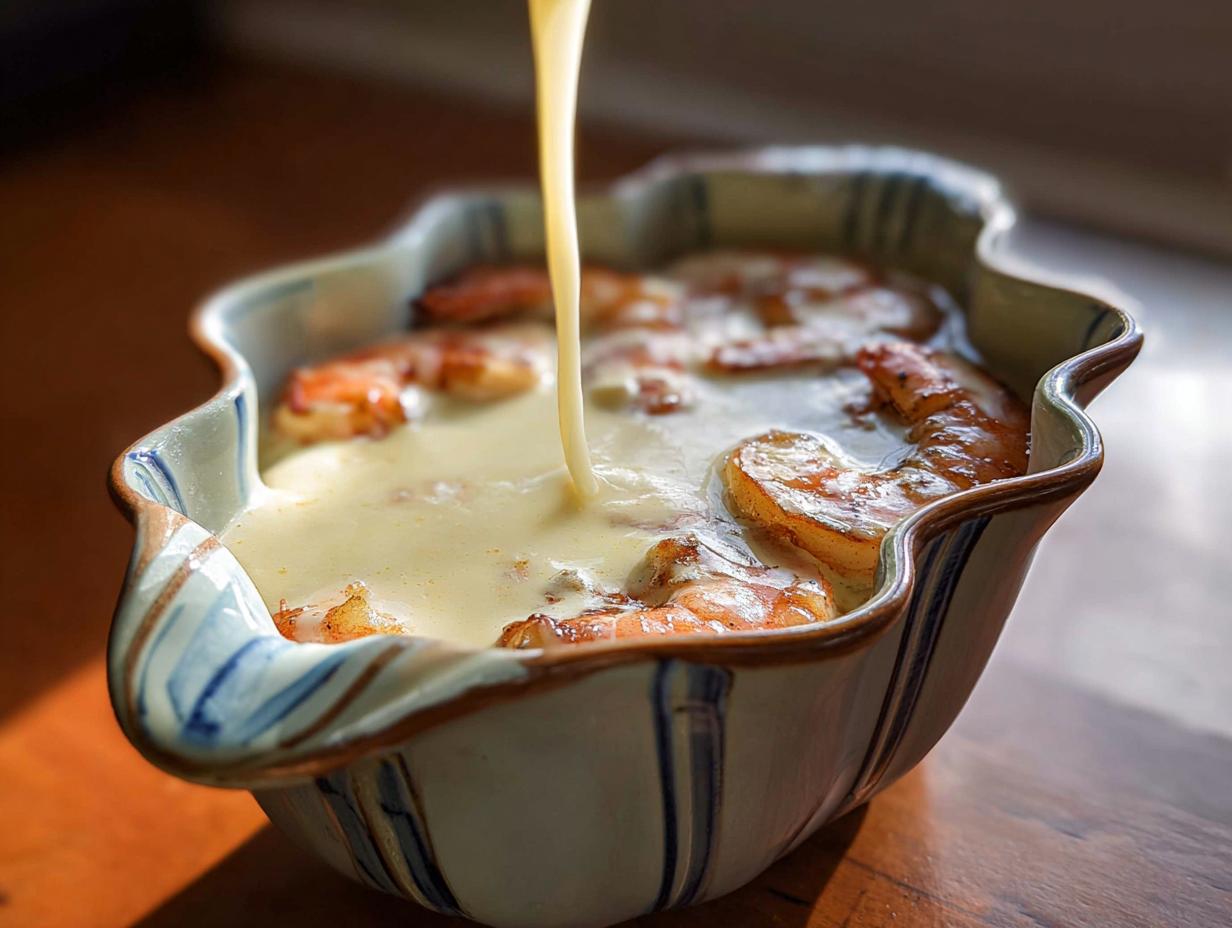 A stream of rich, pale yellow Champagne Cream Sauce is being poured over seared shrimp in a decorative blue and white bowl.