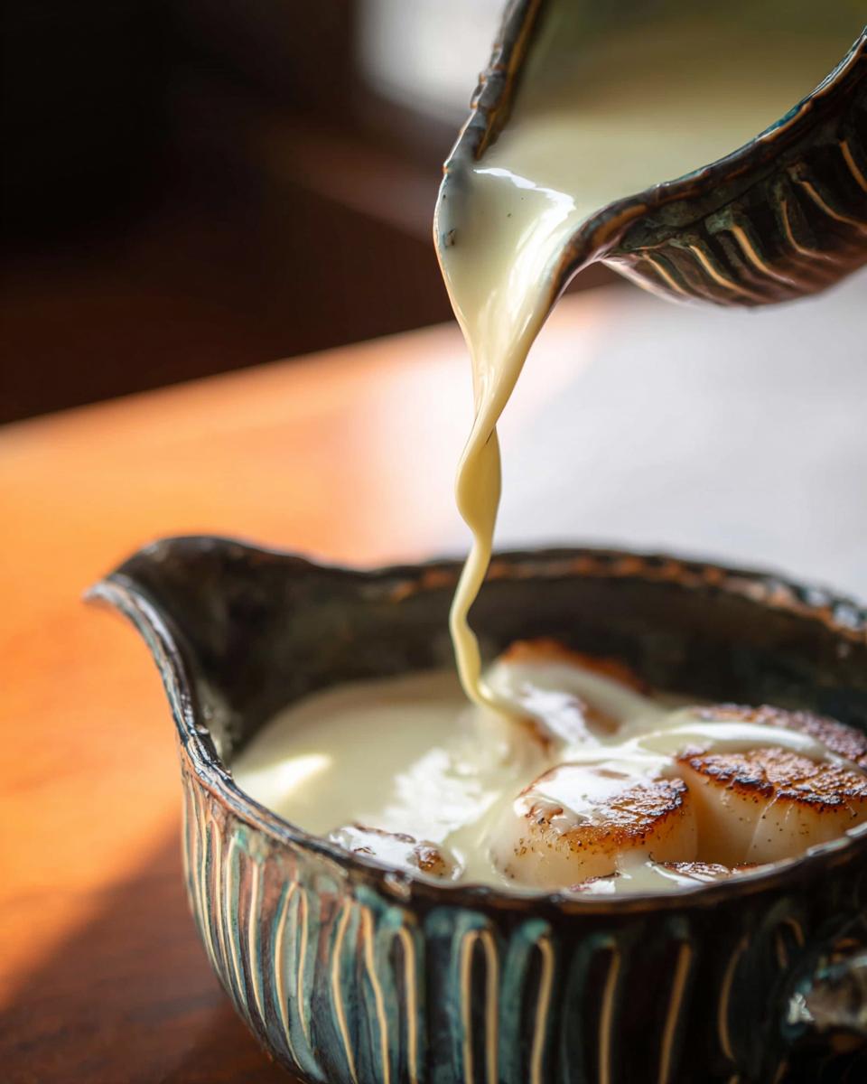 Pouring rich Champagne Cream Sauce for Seafood over perfectly seared scallops in a decorative bowl.