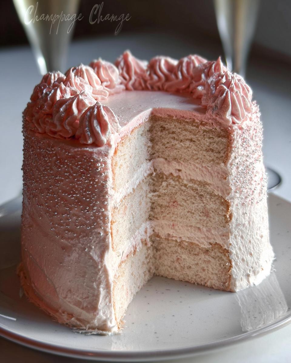 A slice removed from a three-layer Champagne Layer Cake with Buttercream, showing pink frosting and silver sprinkles.