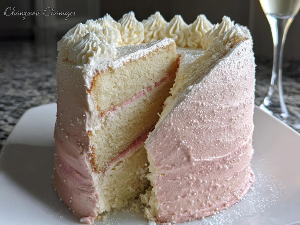 A slice cut from a Champagne Layer Cake with Buttercream, showing pale pink frosting and white cake layers.