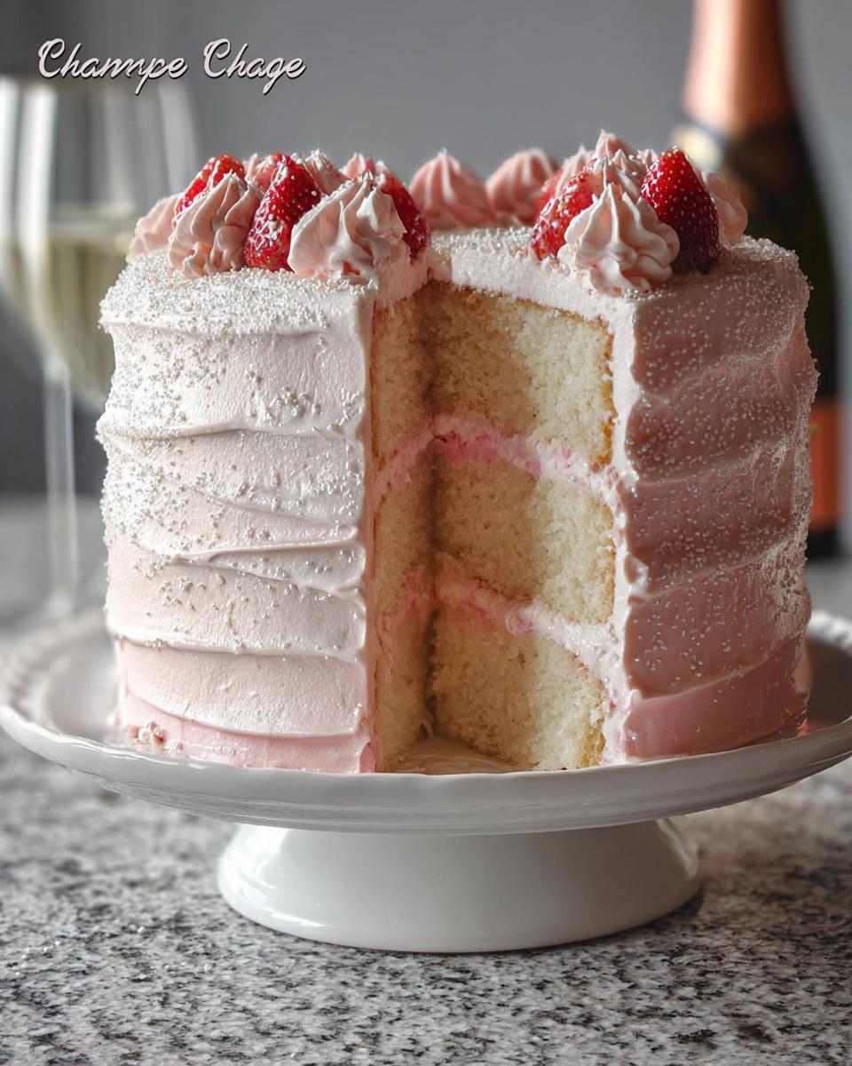A slice removed from a beautiful Champagne Layer Cake with Buttercream, topped with strawberries.