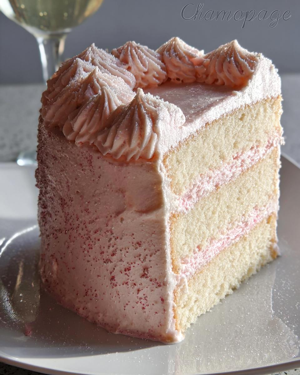 A tall slice of Champagne Layer Cake with pink buttercream frosting, showing three layers of cake.