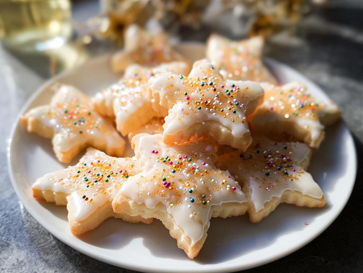 A pile of star-shaped Champagne Sugar Cookies topped with white glaze and colorful sprinkles on a white plate.
