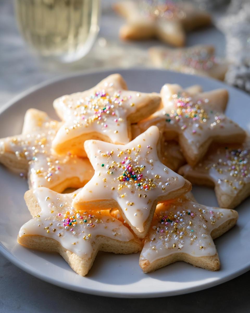 A plate piled high with star-shaped Champagne Sugar Cookies topped with white glaze and colorful sprinkles.