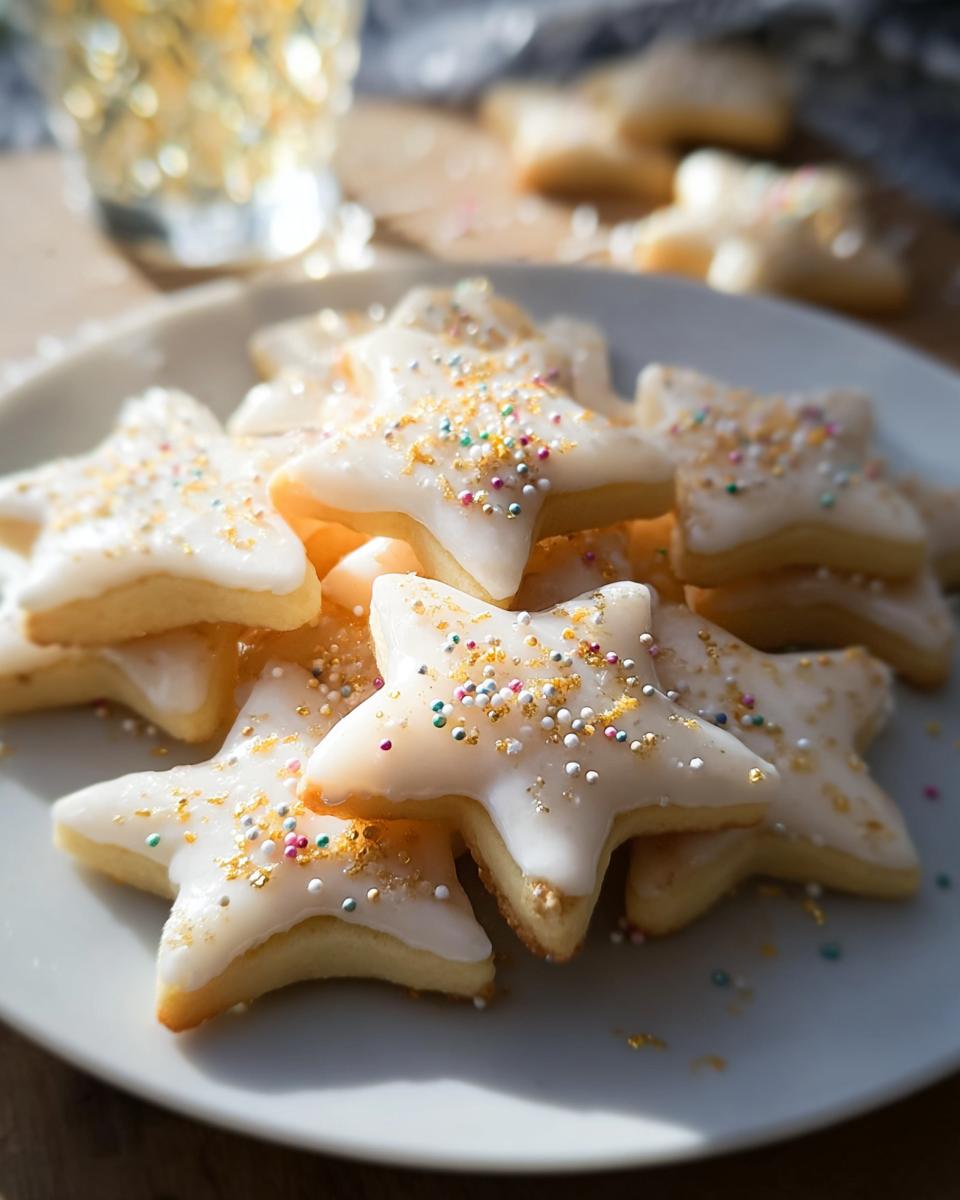 A pile of star-shaped Champagne Sugar Cookies topped with white glaze and colorful sprinkles on a white plate.