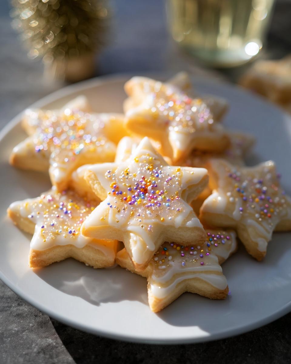 A pile of star-shaped Champagne Sugar Cookies topped with white icing and colorful sprinkles on a white plate.