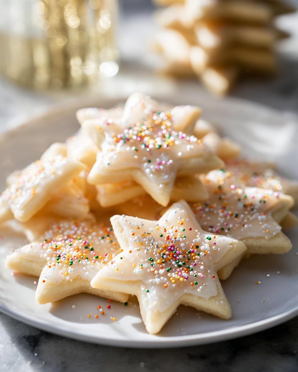 A pile of star-shaped Champagne Sugar Cookies topped with white glaze and colorful sprinkles on a white plate.