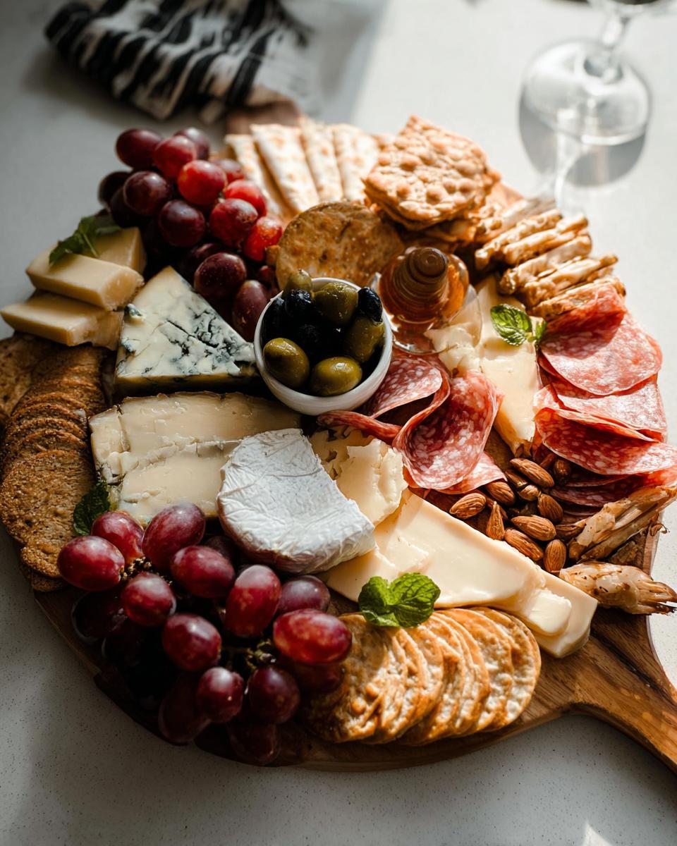 A beautifully arranged Cheese Board in 10 Minutes featuring grapes, various cheeses, salami, crackers, olives, and almonds.