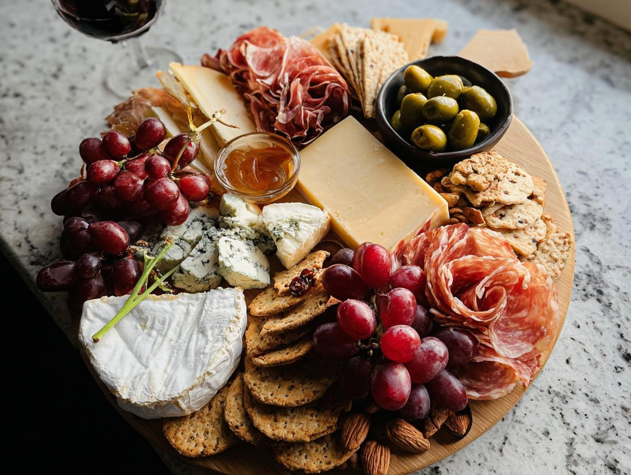 A beautiful, bountiful Cheese Board in 10 Minutes featuring various cheeses, cured meats, grapes, crackers, and olives.