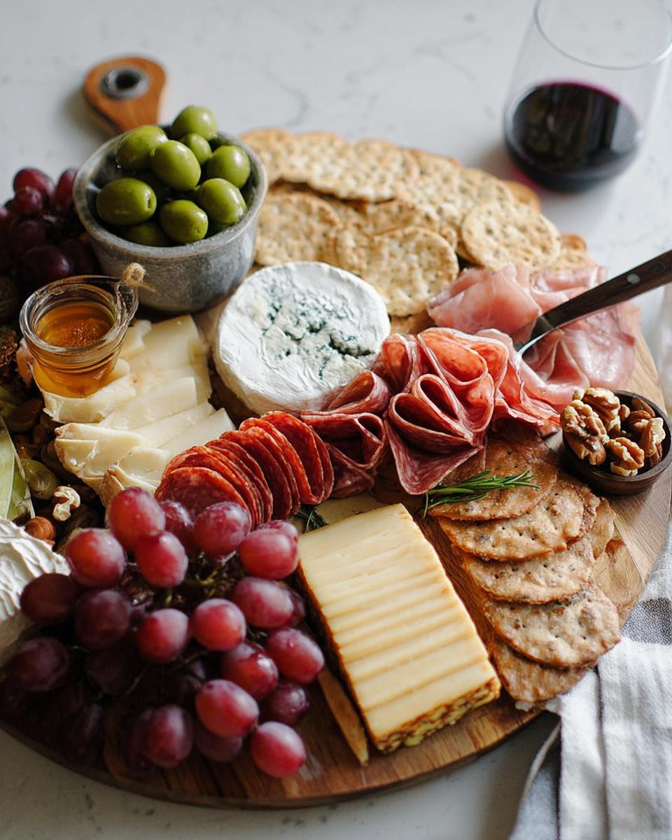 Overhead view of a beautifully arranged Cheese Board in 10 Minutes featuring grapes, meats, cheeses, and crackers.