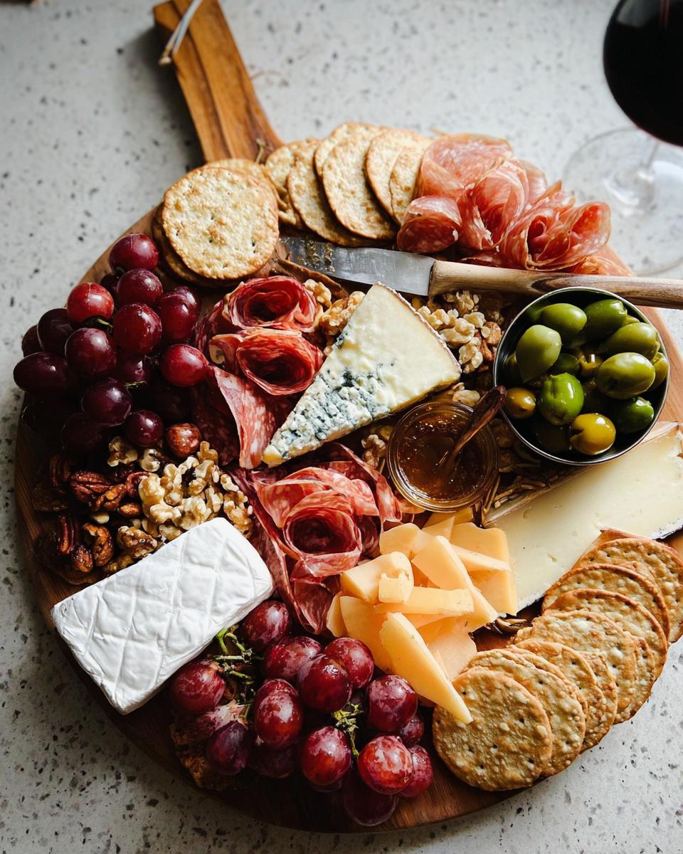 Overhead view of a beautiful Cheese Board in 10 Minutes featuring grapes, crackers, salami, blue cheese, and olives.
