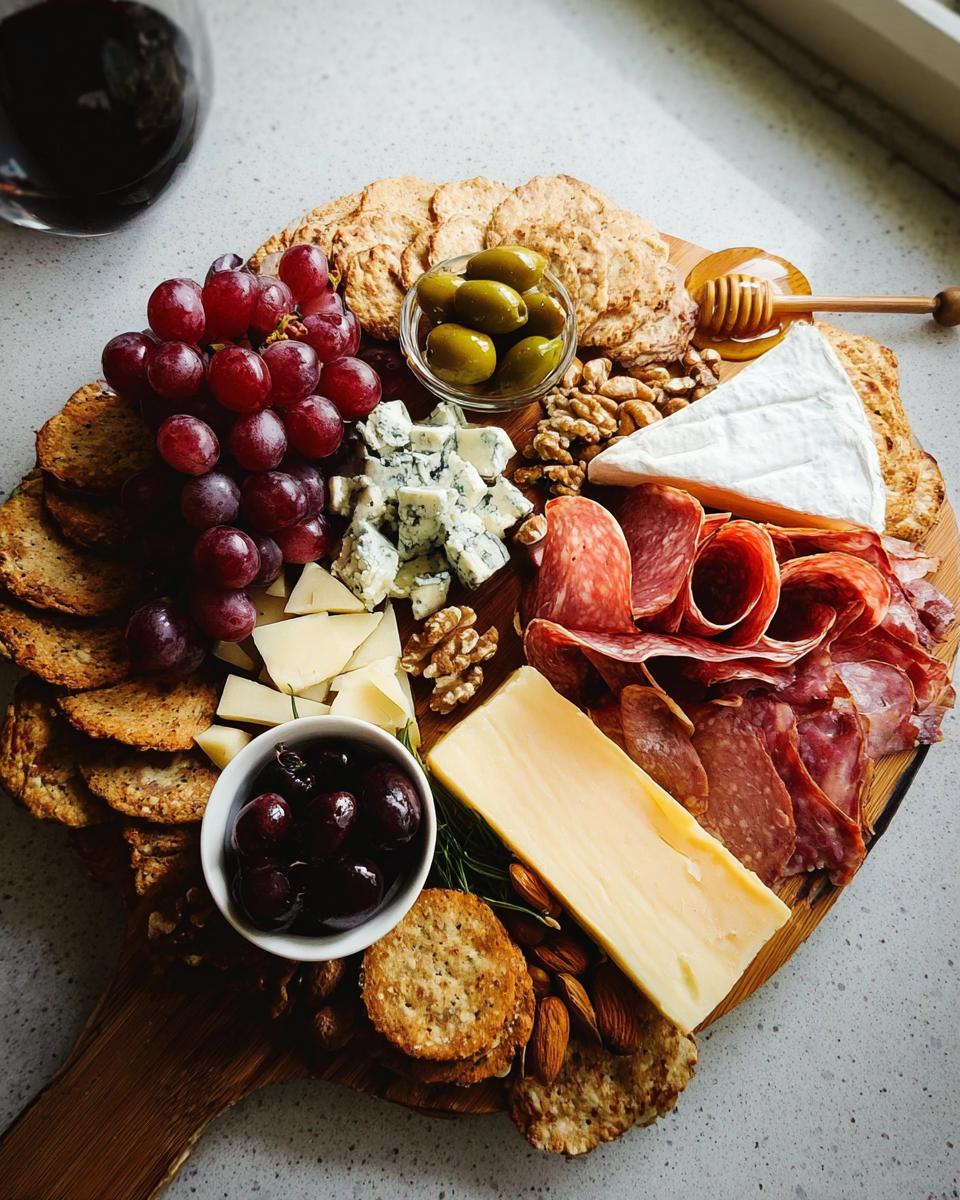 A beautiful, fully assembled Cheese Board in 10 Minutes featuring meats, cheeses, grapes, olives, nuts, and crackers.