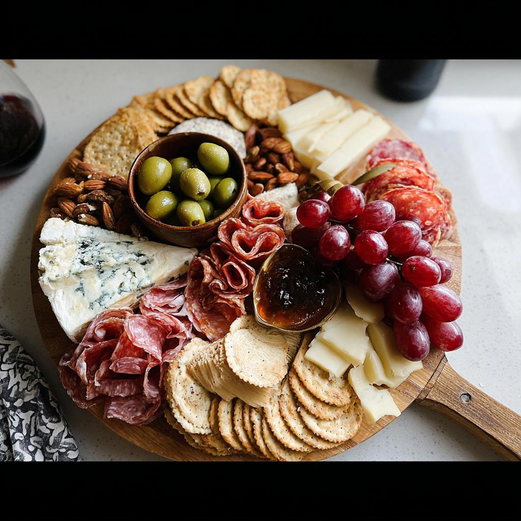 A beautifully arranged Cheese Board in 10 Minutes featuring blue cheese, salami, grapes, olives, crackers, and jam.